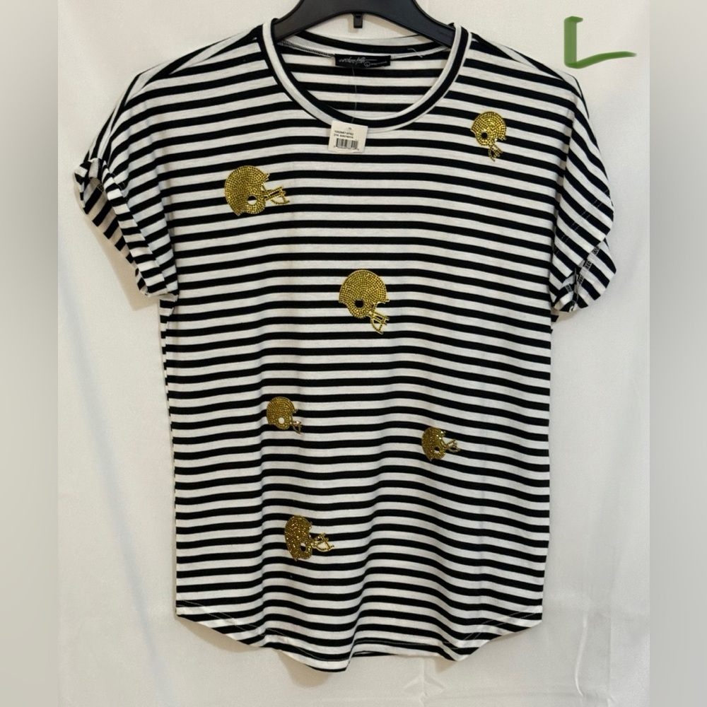 Striped Black and White Top with Gold Accents